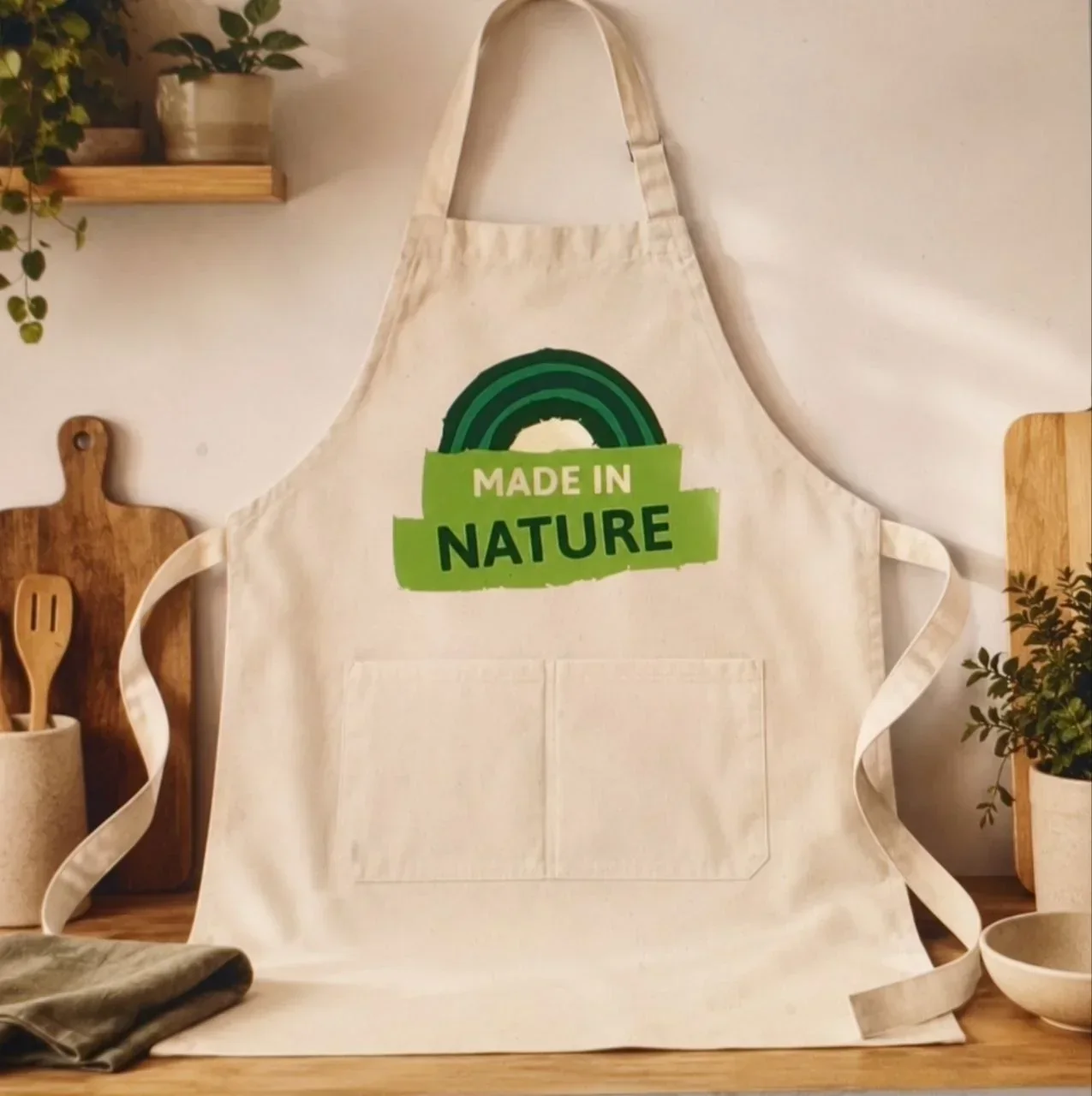 Grembiule beige con stampa verde