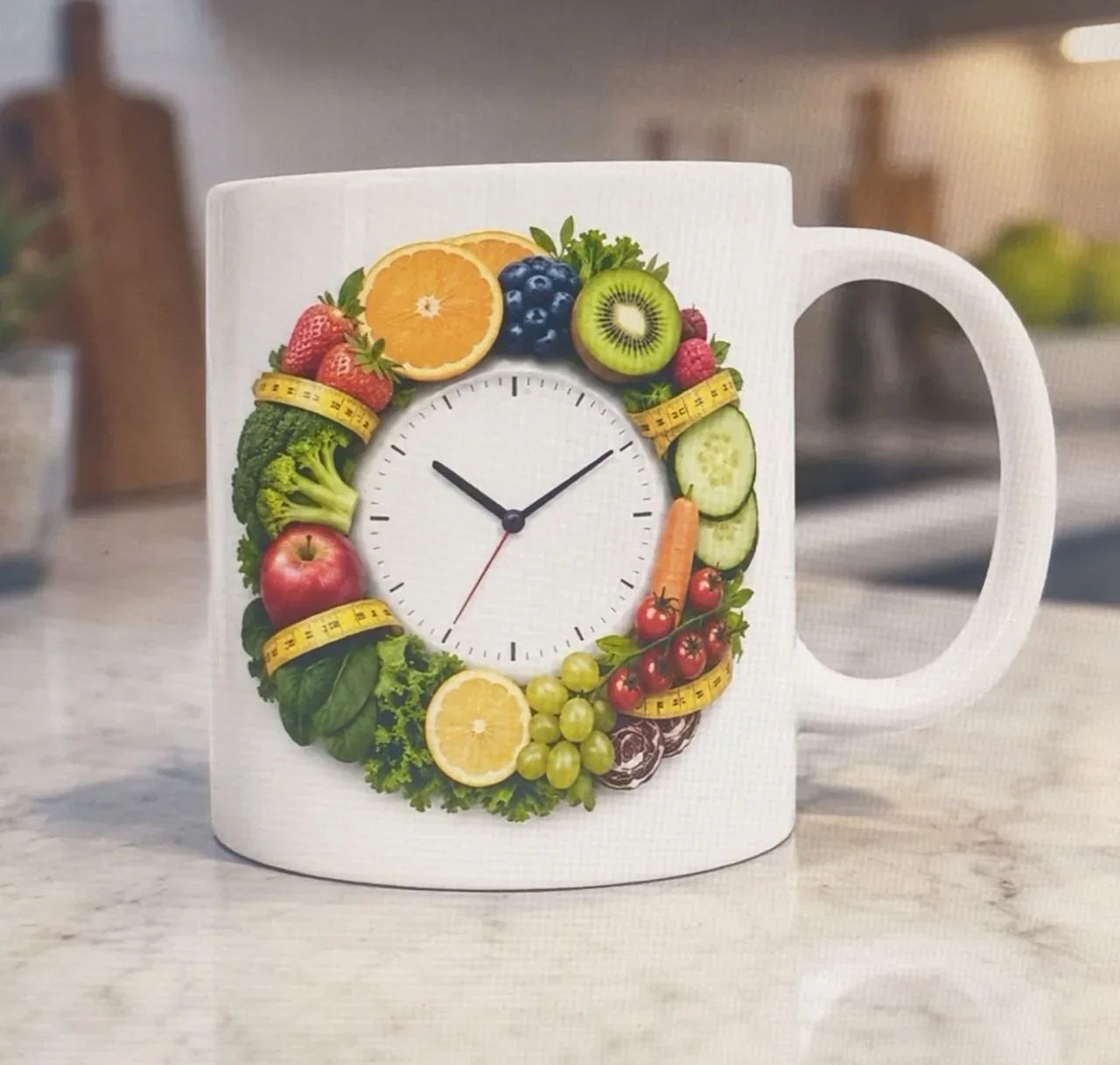Tazza con orologio e frutta