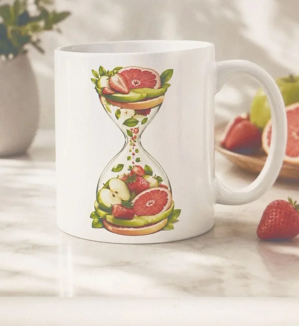 Tazza con clessidra e frutta