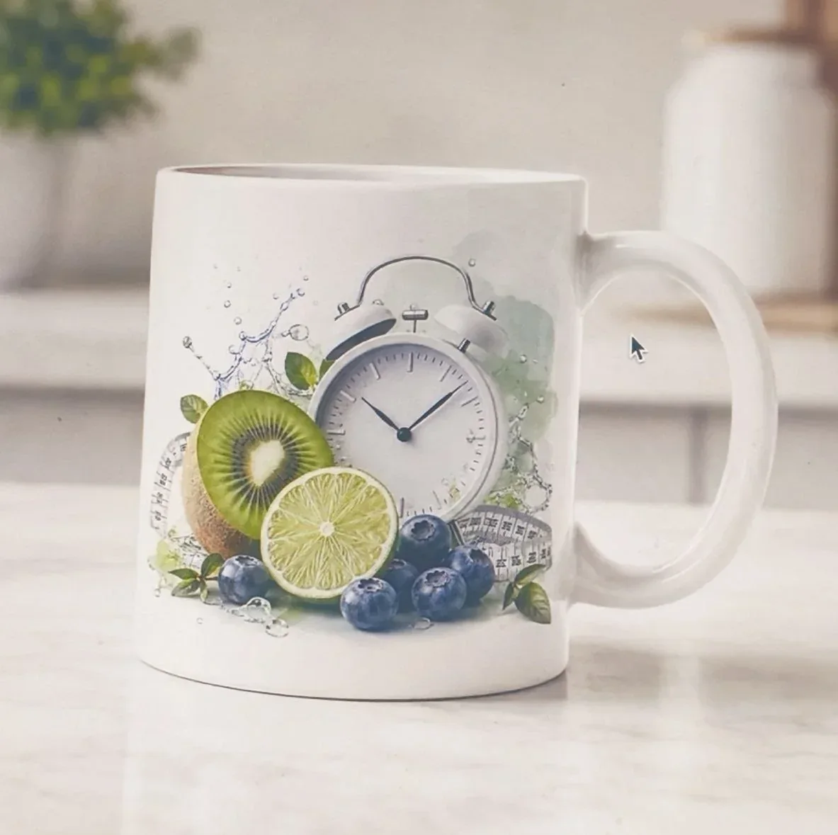 Tazza con orologio e kiwi